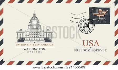 Vector Postcard Or Envelope With Famous Washington Capitol Building And Inscriptions. Postcard With 