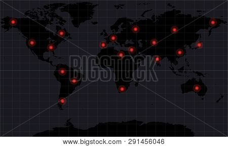 World Map With Danger Signs Around The World. Symbols Launch Weapons Or Military Action. Hot Spot. B