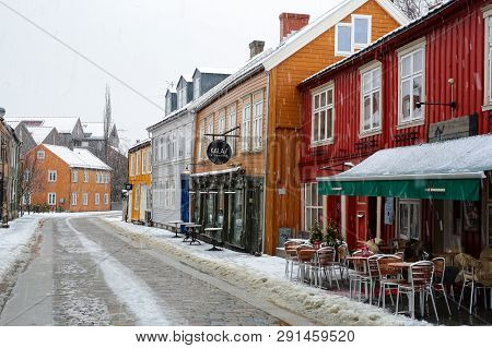 Trondheim, Norway 03/24/2019 : Bakklandet -popular Area For Tourister In The Norwegian City Trondhei