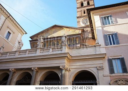 Basilica Di Santa Maria In Trastevere Ain Trastevere At Sunset, Rome, Italy. Trastevere Is Rione Of 