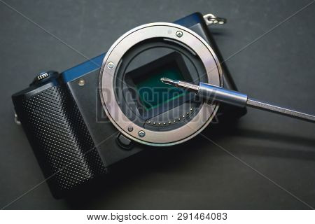 Mirrorless Camera Sensor Repair, Screwdriwer Over Lens Mount.