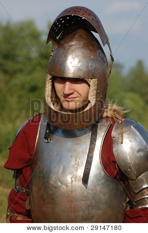 KIEV, UKRAINE - JULY 31: Member of history club Golden Capricorn wears medieval costume as he participates in historical festival and camp in memory of King Vladimir July 31, 2009 in Kiev, Ukraine.
