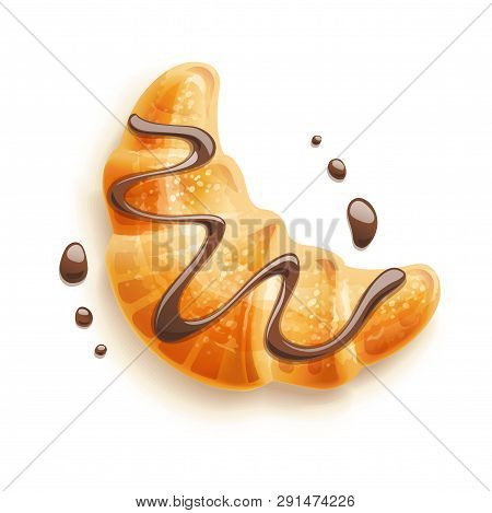 Croissant With Chocolate On Plate. Traditional French Baked Goods. Bake Product For Lunch, Breakfast