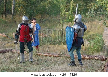 KIEV, UKRAINE - JULY 31: Member of history club Golden Capricorn wears medieval costume as he participates in historical festival and camp in memory of King Vladimir July 31, 2009 in Kiev, Ukraine.