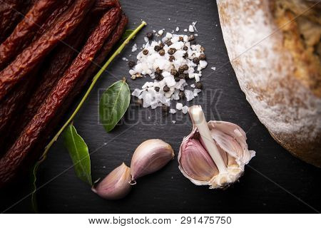 Dry Sausage. Smoked Sausages. Country Sausage, Homemade Sausage.