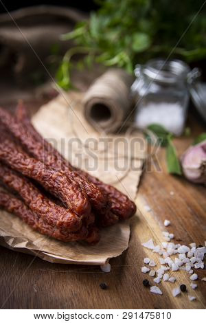 Dry Sausage. Smoked Sausages. Country Sausage, Homemade Sausage.