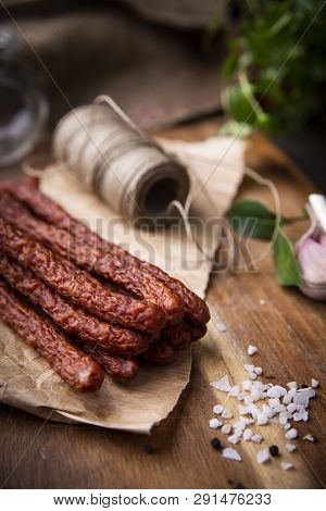 Dry Sausage. Smoked Sausages. Country Sausage, Homemade Sausage.