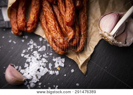 Dry Sausage. Smoked Sausages. Country Sausage, Homemade Sausage.