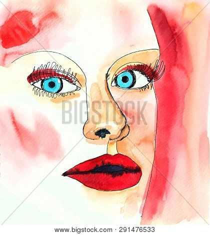 Watercolor Fashion Portrait Of Woman With Makeup. Minimalism Moderm Style Of Drawing. Hand Drawn Fem