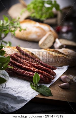 Dry Sausage. Smoked Sausages. Country Sausage, Homemade Sausage.