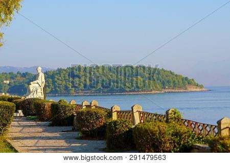Morning Panoramic View With A Beautiful Statue In The Spianada Square In Corfu Town, Greece
