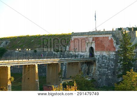 Main Entrance To The Old Fortress From Spianada Square In Corfu Town, Greece