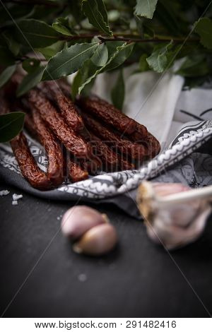 Dry Sausage. Smoked Sausages. Country Sausage, Homemade Sausage.