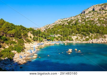 Ladiko Beach And Anthony Quinn Bay Aerial Panoramic View In Rhodes Island In Greece