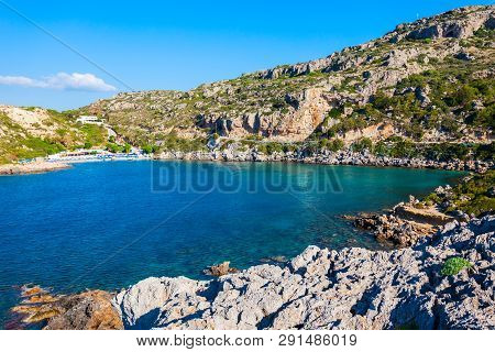 Ladiko Beach And Anthony Quinn Bay Aerial Panoramic View In Rhodes Island In Greece