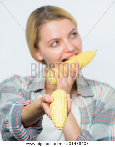 Rish Harvest. Healthy Teeth. Corn Crop. Vitamin Dieting Food. Farming, Farmer Girl With Maize. Agric