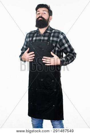 Work Addiction. Hipster Getting Ready For Work Routine In Barbershop Or Kitchen. Bearded Man Wearing