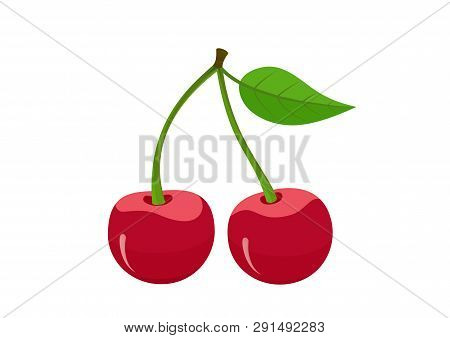 Two Cherries With Leaf. Isolated Vector Image Of Natural Organic Berry Fruit