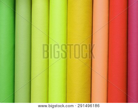 Colored Background Of Many Pieces Of Tanned Leather For Sale In The Tannery Specializing In Industri
