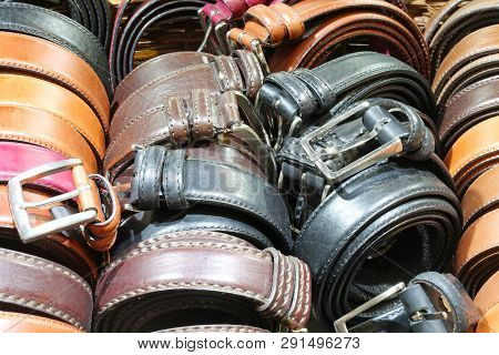 Many Belts Of Leather For Sale In The Italian Store