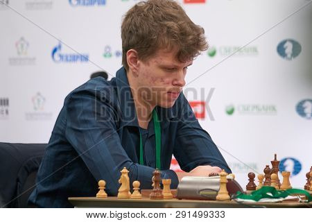 ST. PETERSBURG, RUSSIA - DECEMBER 28, 2018: Grandmaster Vladislav Artemiev, Russia competes in King Salman World Rapid Chess Championship 2018. Eventually he took 4th place