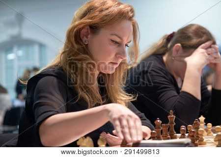 ST. PETERSBURG, RUSSIA - DECEMBER 29, 2018: Grandmaster Elina Danielian, Armenia competes in King Salman World Blitz Chess Championship 2018. Eventually she took 65th place