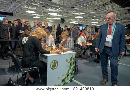 ST. PETERSBURG, RUSSIA - DECEMBER 29, 2018: Women compete in King Salman World Blitz Chess Championship 2018. The tournament is held in Exhibition Hall Manege