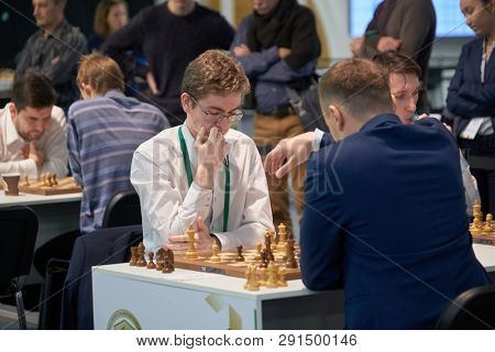 ST. PETERSBURG, RUSSIA - DECEMBER 28, 2018: Grandmaster David Anton Guijarro, Spain (left) competes in King Salman World Rapid Chess Championship 2018. Eventually he took 14th place