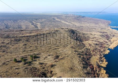 Beautiful Landscape From Above In Haze. Сoast Of The Khadzhibey Estuary In Early Spring From A Bird'