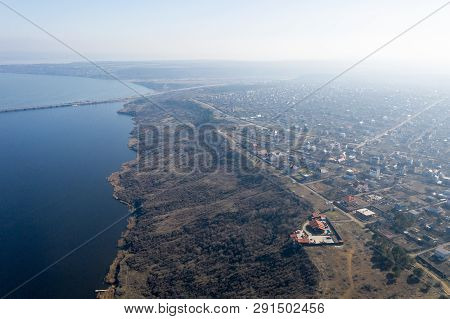 Beautiful Landscape From Above In Haze. Сoast Of The Khadzhibey Estuary In Early Spring From A Bird'