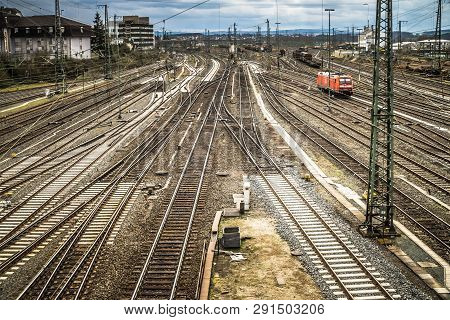 Giessen, Germany - April 05, 2018: View Of The Railway Station With A Lot Of Tracks And Train.