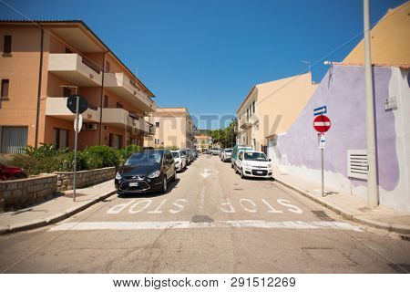 Santa Teresa Gallura, Sardinia, Italy - July 9, 2018: Street in Santa Teresa Gallura City, Sardinia, Italy.