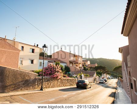 Santa Teresa Gallura, Sardinia, Italy - July 8, 2018: Sunset on Street in Santa Teresa Gallura City, Sardinia, Italy.
