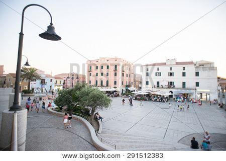 Santa Teresa Gallura, Sardinia, Italy - July 8, 2018: Square of Town Santa Teresa Gallura City, Sardinia, Italy.