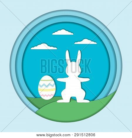 Vector Easter Card Template. Easter Holiday Illustration With  A Rabbit And Egg On A Green Hills, Cl