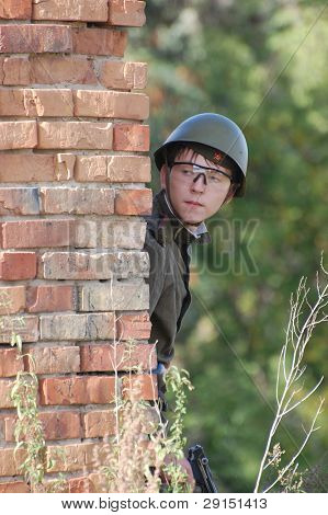 KIEV, UKRAINE - SEPT 19, : Member of a history club wear historical Soviet  uniforms as he participates in a WWII reenactment.Buttle for Kiev in 1943. September 19 , 2009 in Kiev, Ukraine