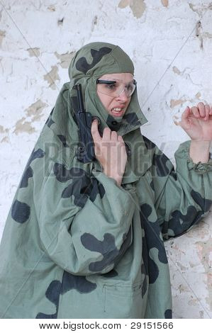 KIEV, UKRAINE - SEPT 19, : Member of a history club wear historical Soviet  uniforms as she participates in a WWII reenactment.Buttle for Kiev in 1943. September 19 , 2009 in Kiev, Ukraine
