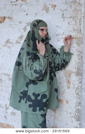 KIEV, UKRAINE - SEPT 19, : Member of a history club wear historical Soviet  uniforms as she participates in a WWII reenactment.Buttle for Kiev in 1943. September 19 , 2009 in Kiev, Ukraine