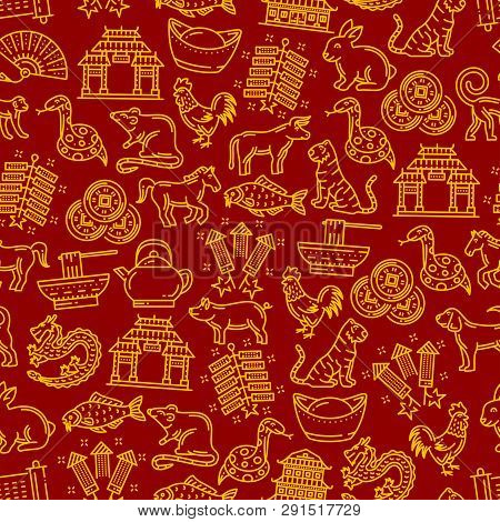 Chinese Pattern Of Lunar Year Signs. Vector Seamless Background Or Traditional Religious Chinese New
