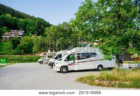 Schiltach, Germany - Jul 10, 2018: Multiple Rv Camping Recreational Camping Vehicles Vans Parked On 