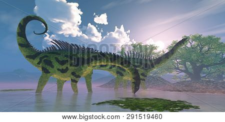 Agustinia Dinosaur Swamp 3d Illustration - Agustinia Dinosaurs Wade In A Wetland Swamp Full Of Banya