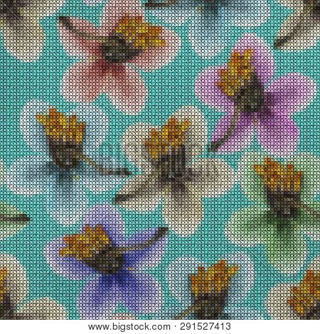 Illustration. Cross-stitch. Pyrola. Texture Of Flowers. Seamless Pattern For Continuous Replicate. F