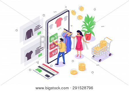 3d Isometric Young Woman And Man With Mobile Phone Online Shopping. Concept Characters With Cashless