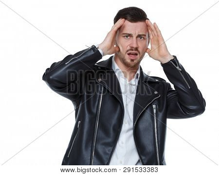 front view of shocked man. Upset guy. front view people collection.  frontside view of person.  Isolated over white background. Stylish guy in a jacket in horror clutched at his head.