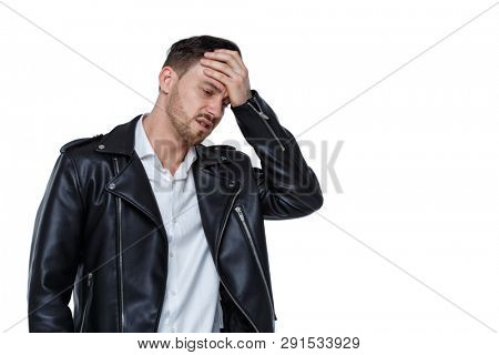 front view of shocked man. Upset guy. front view people collection.  frontside view of person.  Isolated over white background. Headache in a stylish man.