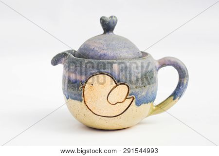 Blue Teapot Ceramic Stoneware With White Background