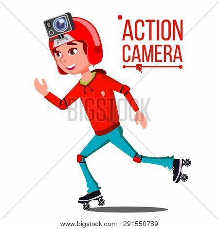 Child Girl With Action Camera . Teenager. Red Helmet. Shooting Process. Active Type Of Rest. Recordi