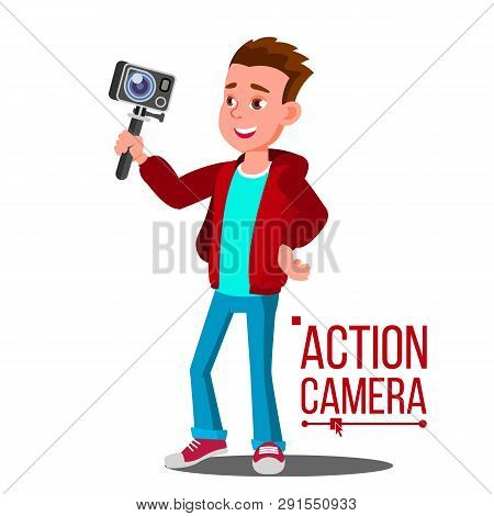 Child Boy With Action Camera . Self Video, Portrait. Shooting Process. Isolated Cartoon Illustration