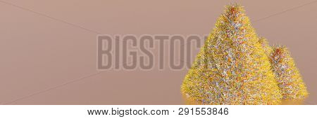 Gold Tinsel Toy Cone Tree Background Pink Mountains
