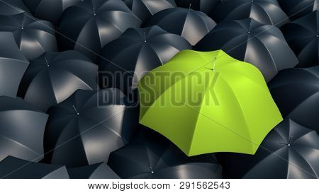 Pink umbrella between black umbrellas. Not like many. 3d rendering